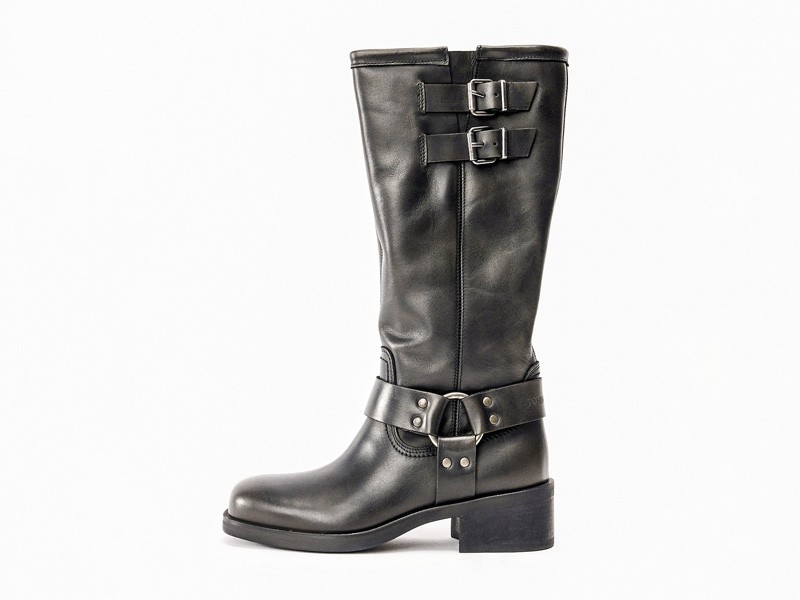 Biker boots with straps, buckles and track outsoles