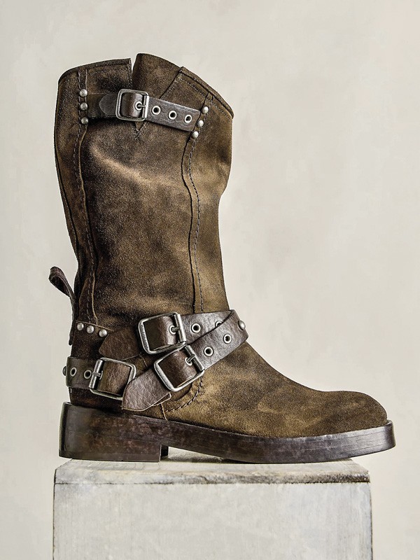 Biker boots with straps, buckles and track outsoles