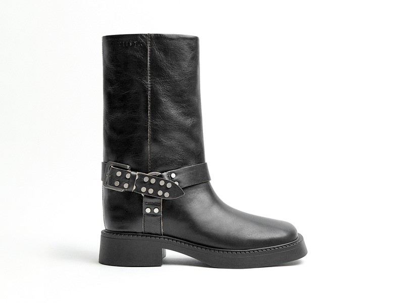 Biker boots with straps, buckles and track outsoles