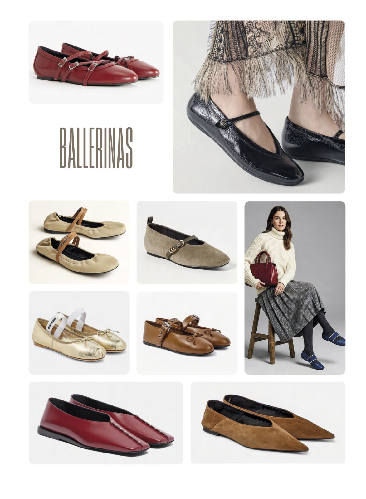 Leather ballerina flats with straps and toe variations