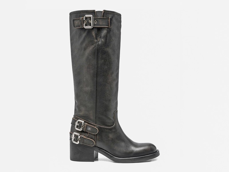 Biker boots with straps, buckles and track outsoles