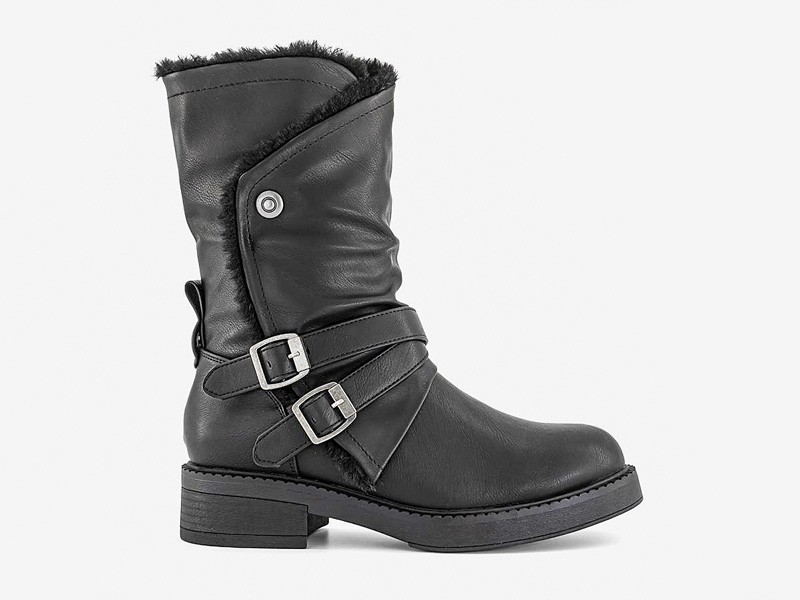 Biker boots with straps, buckles and track outsoles