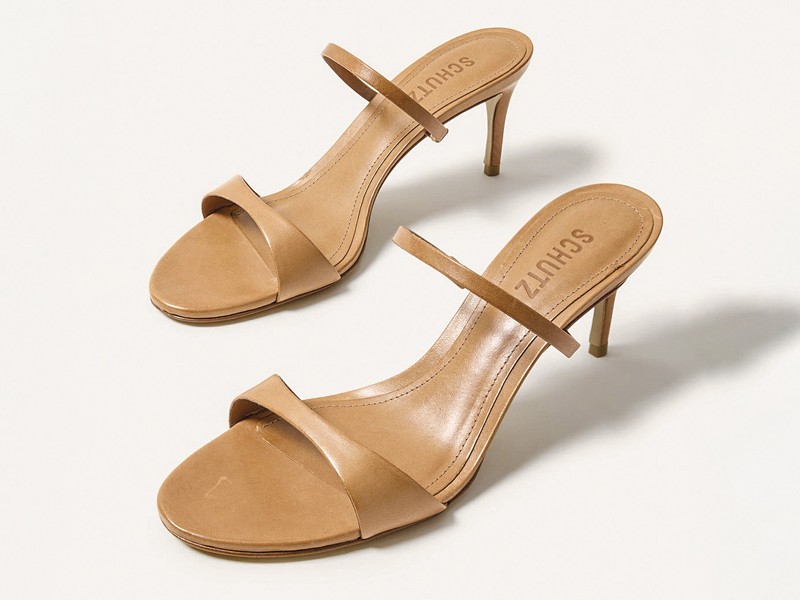 Earth and blue tones differentiate high-heeled sandals