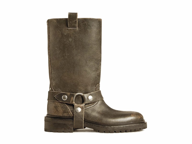 Biker boots with straps, buckles and track outsoles