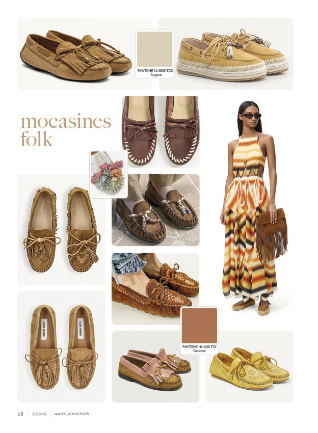 Mocasines folk combinan flecos, lazos y una paleta tierra