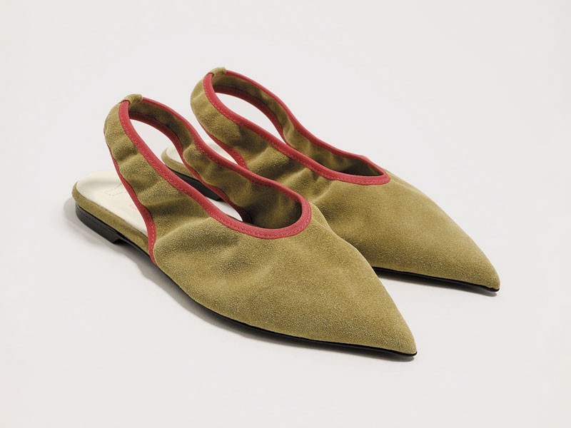 Textured slingbacks highlight pointed toes and back straps