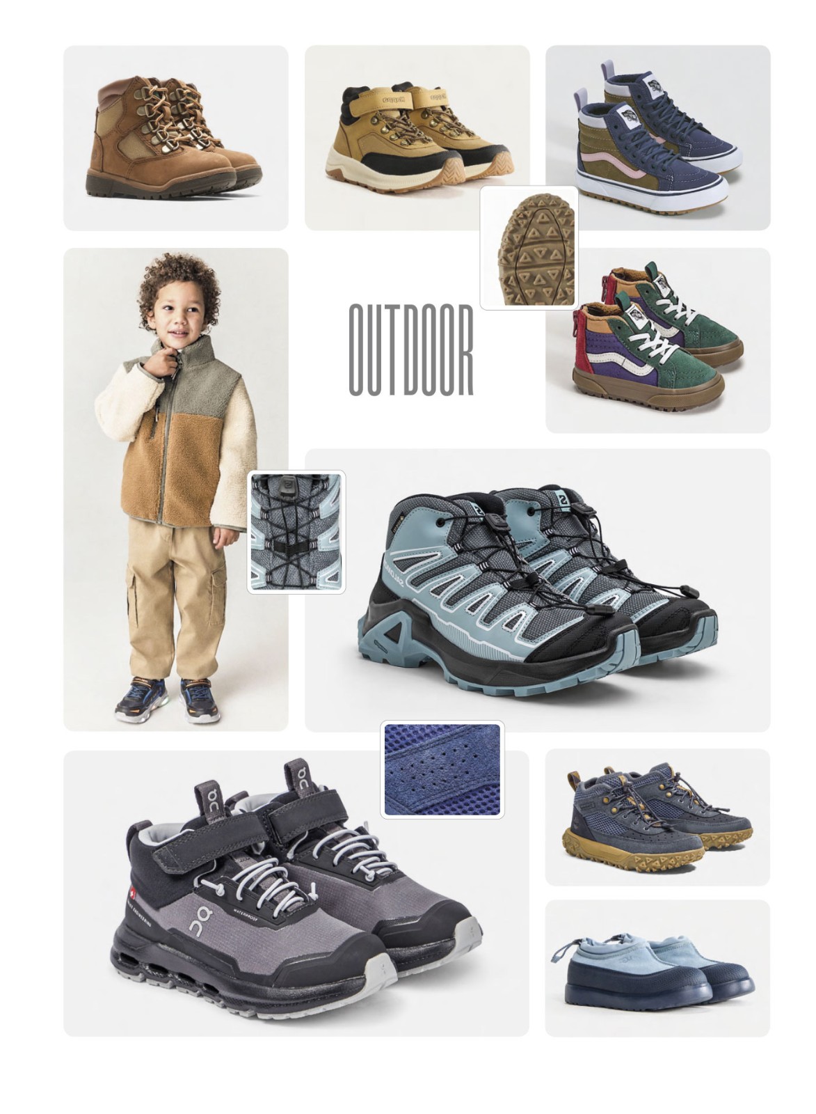 Kids outdoor footwear with traction soles and protective reinforcements