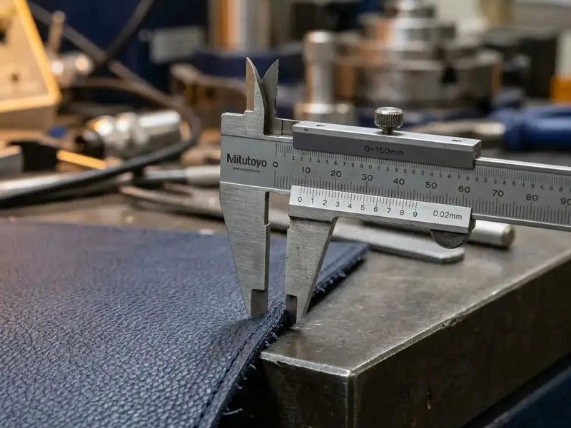 Medición del espesor del material con calibre para verificar la consistencia respecto de la especificación aprobada. Cómo especificar materiales sintéticos para calzado: flexión, hidrólisis, abrasión y aplicación