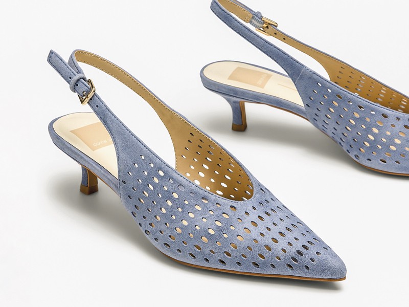 Earth and blue tones differentiate high-heeled sandals