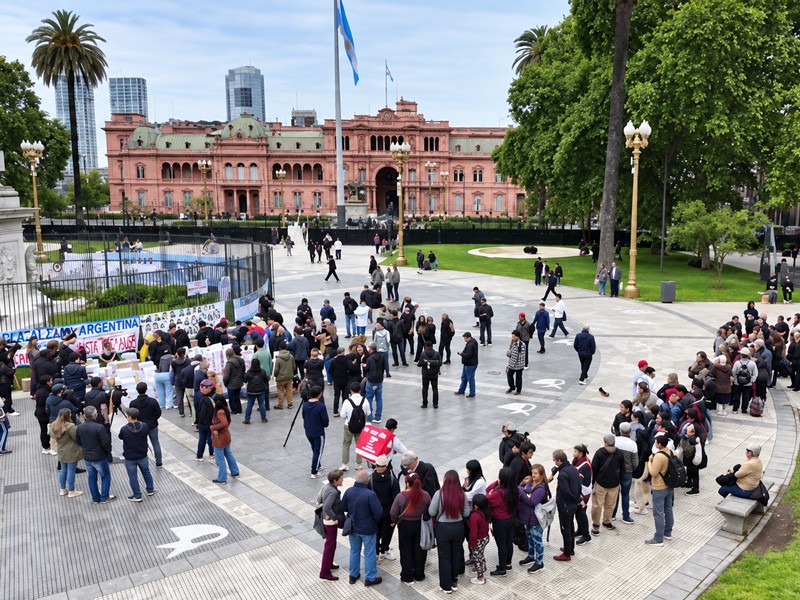Long lines of people hoping to obtain their own pair of shoes. Footwear manufacturers gave away shoes in Plaza de Mayo