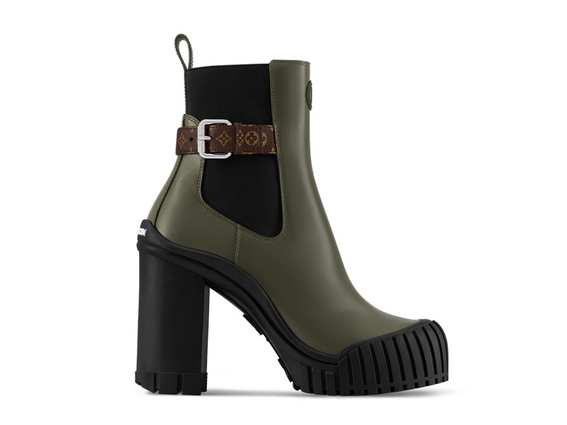 High block heel for LOUIS VUITTON's military green bootie